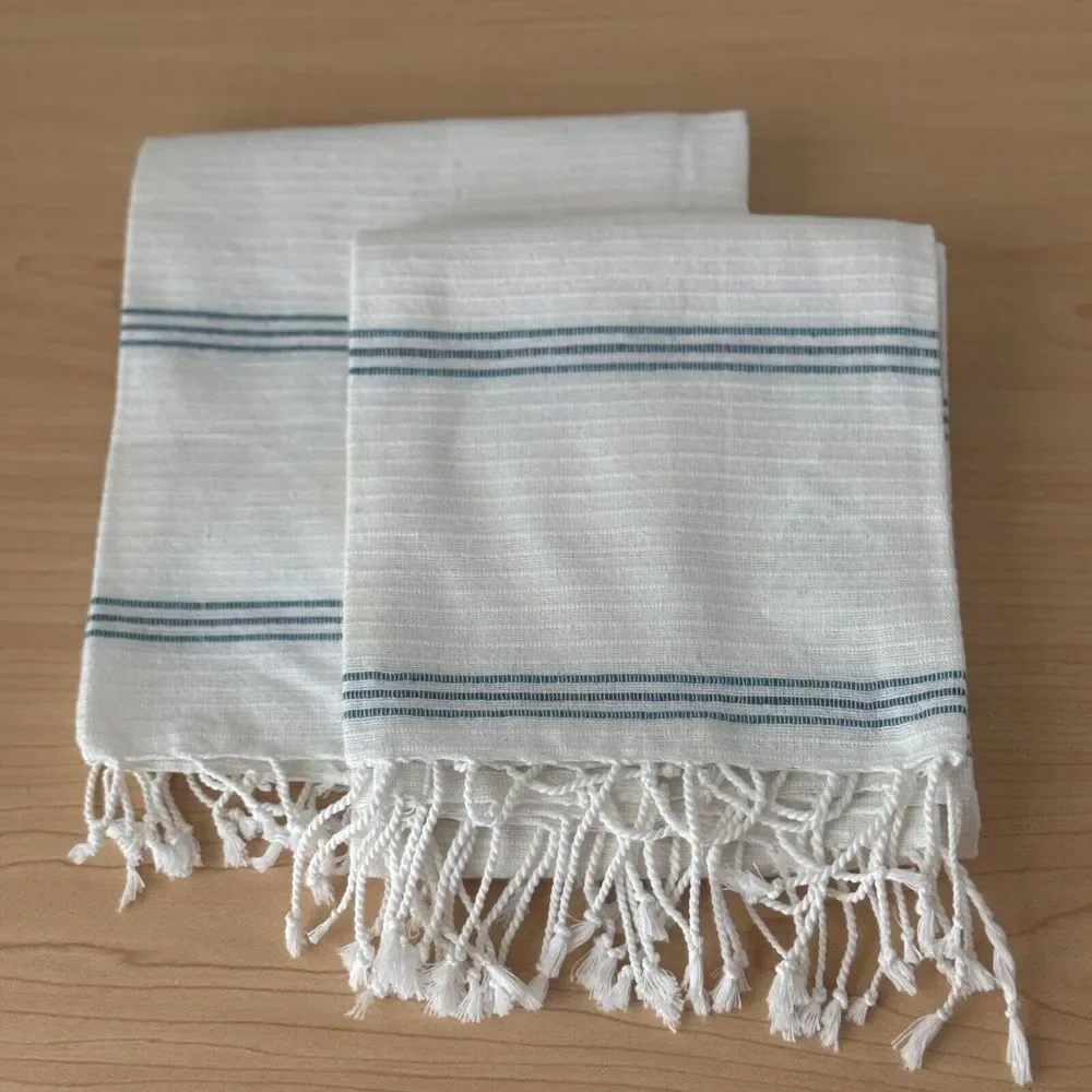 New Crate & Barrel Set 2‎ Kitchen Tea Towel Blue Stripe Seascape Modern Boho Lot